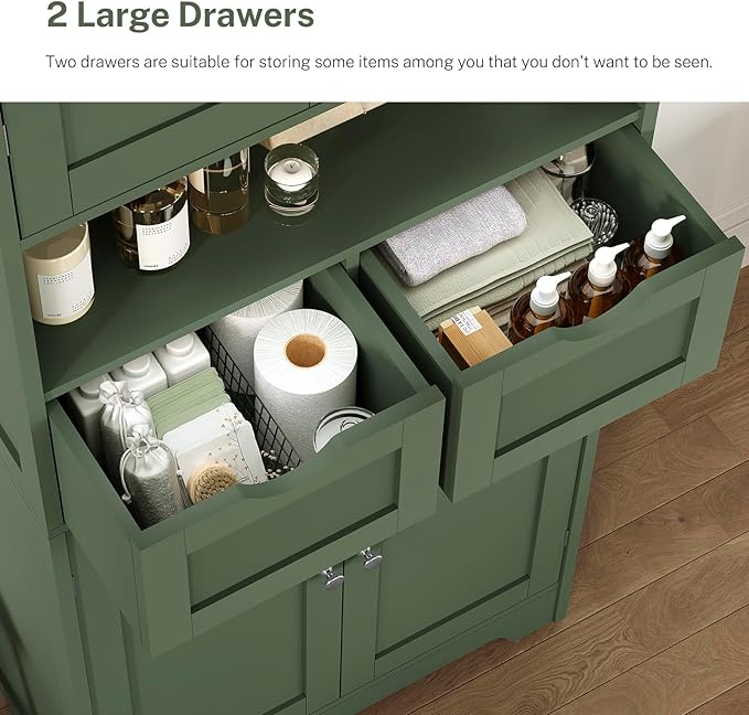 Iwell 58" H Tall Bathroom Storage Cabinet with 2 Drawers & 2 Adjustable Shelves, Bathroom Cabinet with 4 Doors, Tall Cabinet for Living Room, Dining Room, Entryway, Forest Green