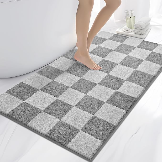 anllugs Bathroom Rugs 30" x 60", Non-Slip Extra Soft Absorbent Bath Rugs, Machine Washable Quick Dry Bath Mats for Bathroom Floor, Shower, Bathtub and Sink, Checkered Light Grey & Grey