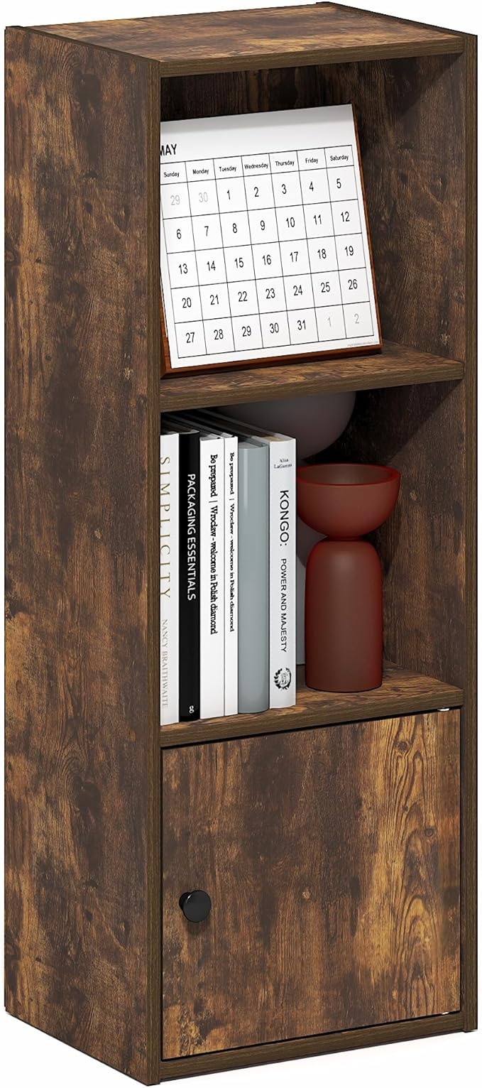 Furinno LUDER Book Shelf, 3-Tier Bookshelf with Open Shelf, Standing Bookcase with 1 Door Cabinet, 9.3 x 12 x 31.5, for Organization and Storage, for Living Room, Bedroom, Home Office, Amber Pine
