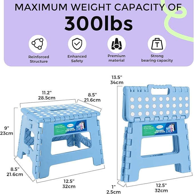 Dyforce Folding Step Stool 9", Kids Step Stool, Heavy Duty Step Stools for Adults, Compact Foot Stools, Light-Weight Toddler Step Stools for Kitchen, Bathroom, Holds Up to 300 lbs (Blue)
