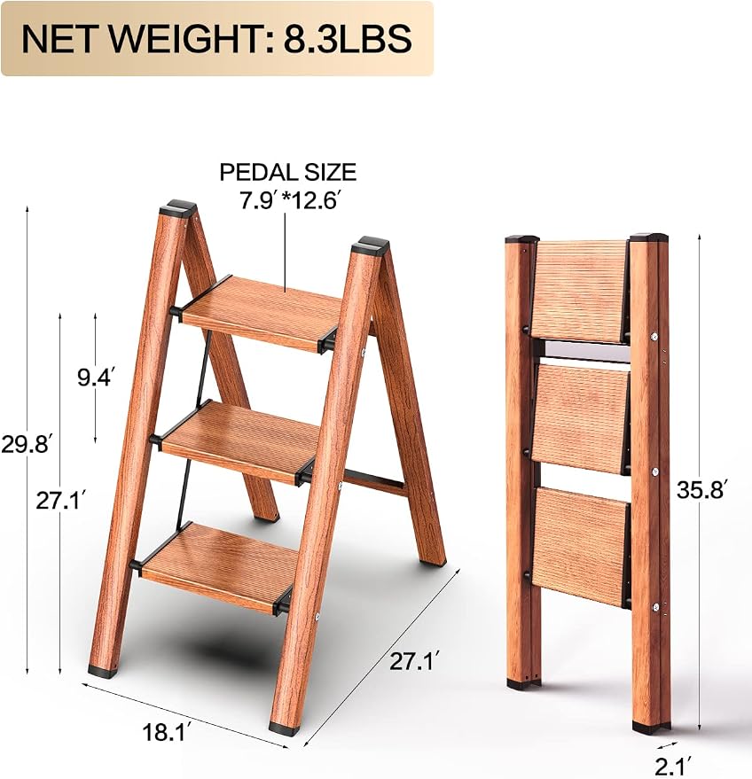 3 Step Ladder, Aluminum Folding Step Stool with Anti-Slip Sturdy and Wide Pedal, Lightweight Portable Stepladder for Home and Kitchen Use Space Saving, Woodgrain, 330 lbs
