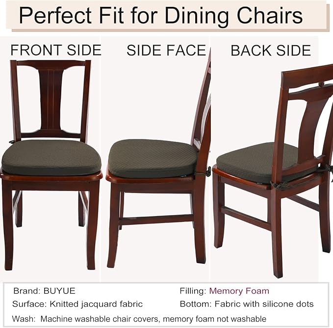 BUYUE Luxury 100% Pure Memory Foam Chair Cushions 4 Pack, Jacquard 16" U-Shape Comfortable Dining Chair Pads, Removable Slip Resistant Kitchen Chair Seat Cushions, (Set of 4, Brown)
