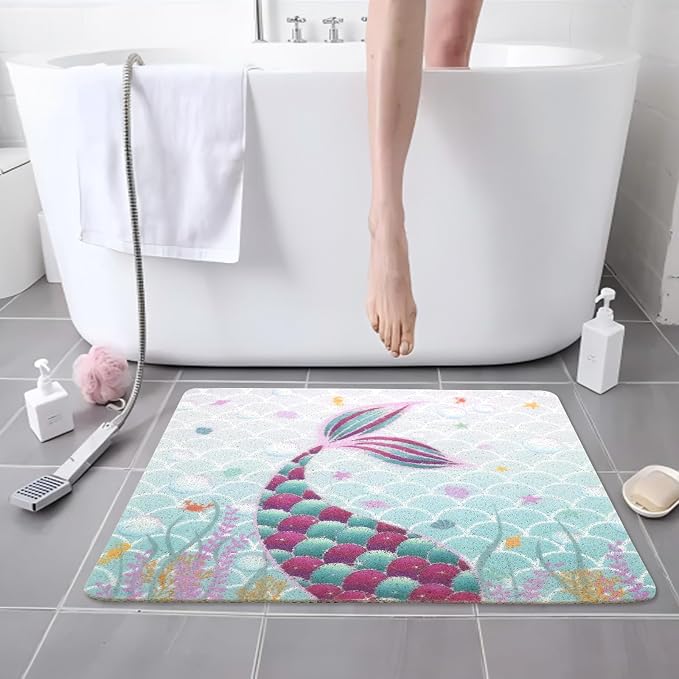 Square Shower Mats for Inside Shower, Mermaid Non Slip Bath Mat Quick Drying Bathmat Easy Cleaning Cute Shower Matt for Kids Bathroom Floor, Textured Surface Shower Foot Scrubber Mat, 24″X24″