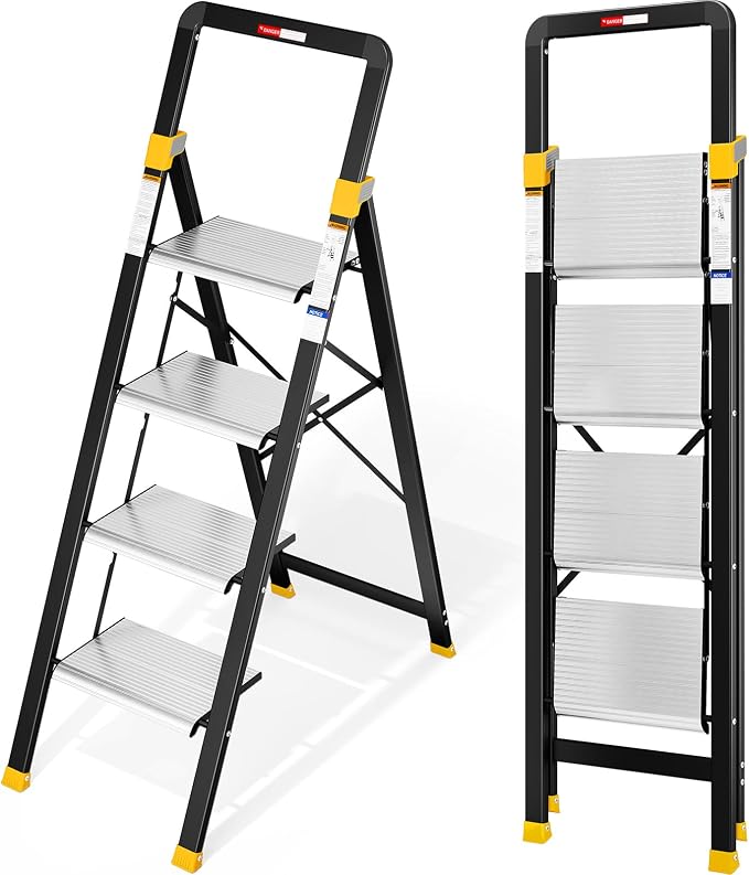 KINGRACK 4 Step Ladder, Aluminium Folding Step Stool with Anti-Slip Wide Pedals & Comfortable Handrail, 330lbs Load Capacity, Space Saving Design for Home & Kitchen, Sturdy and Portable, Silver