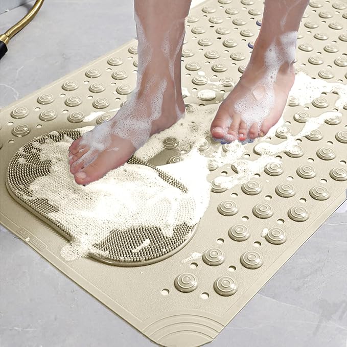 Bathtub Mat 27x14 inch Non Slip Shower Mat with Suction Cups, Anti Slip Shower Mat with Drain Holes Foot Scrubber, Machine Washable Bath Tub Shower StallMat (Khaki)