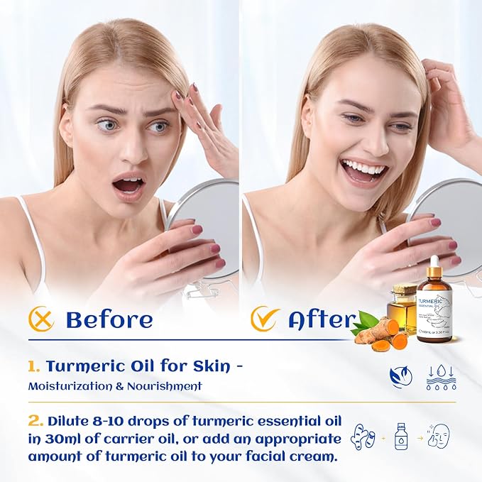 HIQILI 100ML Turmeric Oil for Face Skin Care, Aromatherapy,100% Pure, Use After Dilution- 3.38 Fl Oz