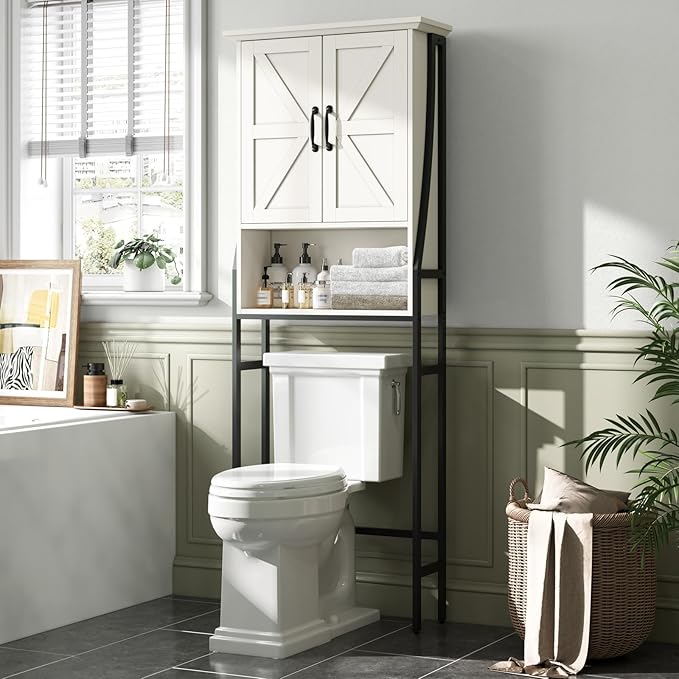 Over The Toilet Storage Cabinet, Over Toilet Bathroom Organizer, Above Toilet Storage Cabinet with Barn Doors Behind Toilet Bathroom Organizer (Cream White)