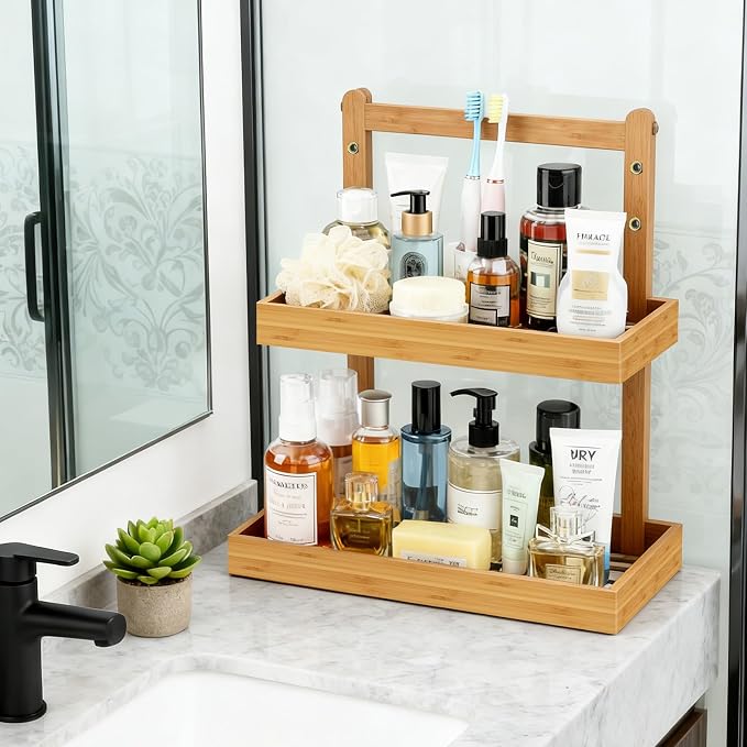 Bamboo Under Sink Organizer - 2 Tier Pull Out Cabinet Shelves with Adjustable Height, Undersink Storage Slide Out for Kitchen Bathroom Cabinet Pantry