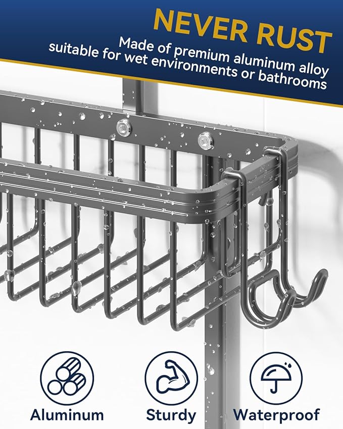 YASONIC Never Rust Shower Caddy Hanging, Aluminum Shower Racks for Inside Shower, 2-Tier Shower Organizer Hanging Over Shower Head with Hooks and Soap Holder, Grey