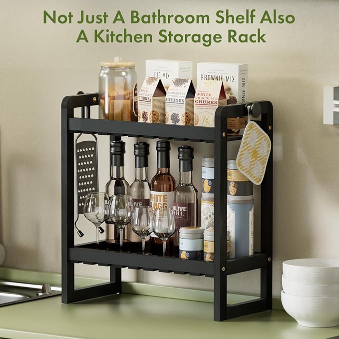AmazerBath Bamboo Over The Toilet Storage Shelf - 2-Tier Bathroom Organizers and Storage Shelves, 2 in 1 Dual Stable Above Over Toilet Bathrooms Shelf Home Storages Rack for Small Bathroom, Black