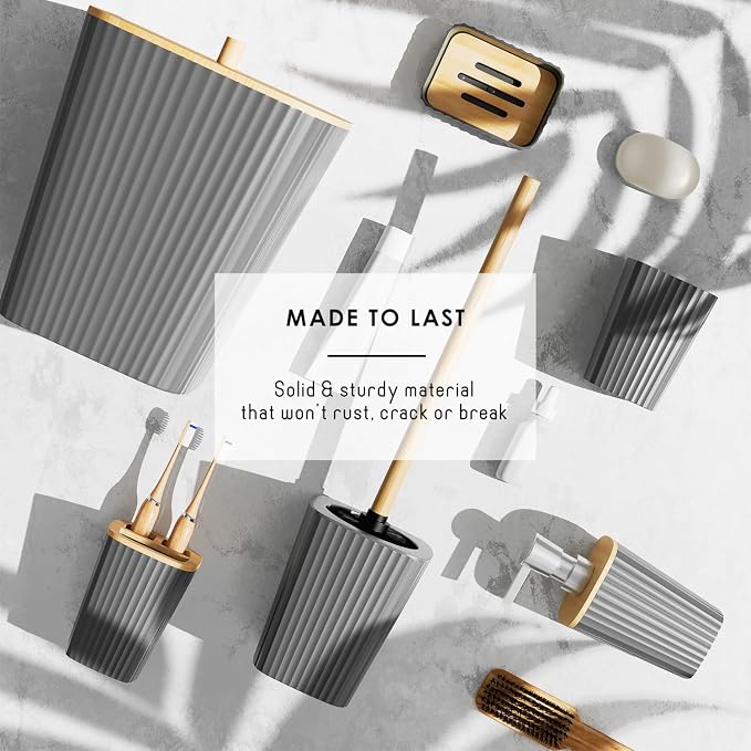 Clara Clark Bathroom Accessories Set - Bathroom Set, Bathroom Accessory Set, Shower Curtain Set, Toilet Brush, Trash Can & Soap Dispenser - Grey - 20PC