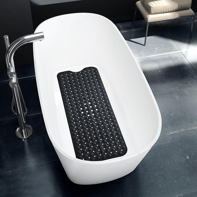 LUX Décor Non-Slip Bathtub Mat, Extra Large 40x16 Inches – Anti-Slip Safety Shower Mat with Suction Cups & Drain Holes – Machine Washable Bath Mat – Black