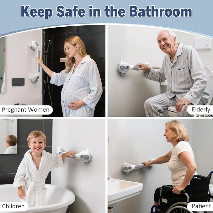 Roylvan Grab Bars for Bathtub and Shower, 1 Pack Shower Handle with Strong Suction Cups, 16.8 Inch Bathroom Grab Bars for Seniors, Removable Shower Safety Handrail for Elderly, Drill Free, Waterproof