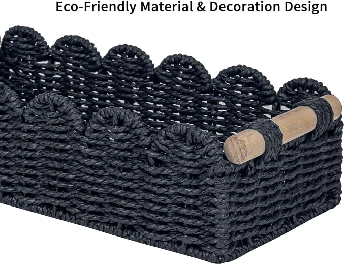 CubesLand Scalloped Edge Decor Baskets for Home, Living Room, Toilet Paper Storage Basket for Over Toilet Shelf, End Table,Shelves and More, Small Paper Rope Baskets Both Storage&Decor, Set 2 Black