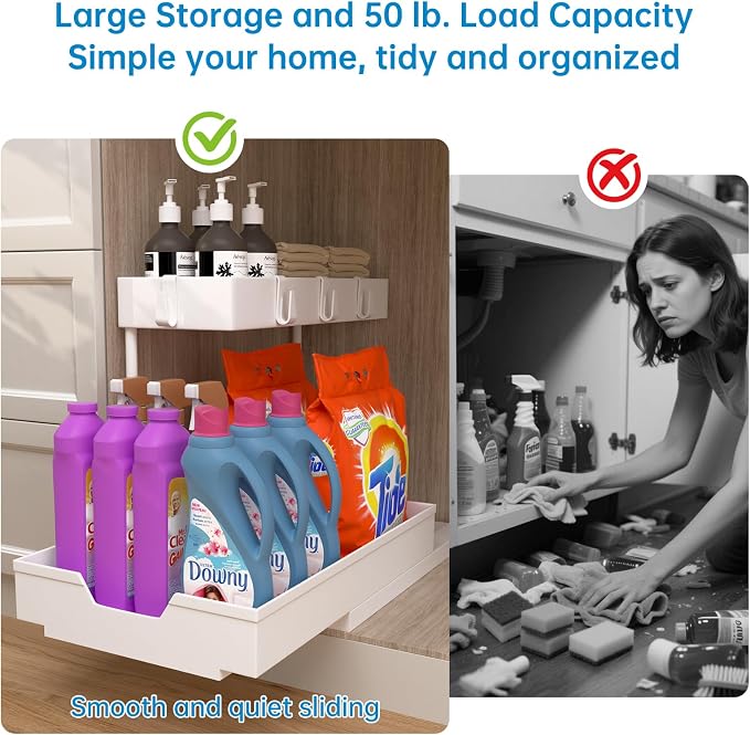 NATURE'S SOURCE 2-Tier Under Sink Organizers and Storage 2 Pack Sliding L-shape Under Cabinet Organizers For Narrow Space Multi-purpose Sink Organizer for Bathroom Kitchen Drawer(White 2 Pack)