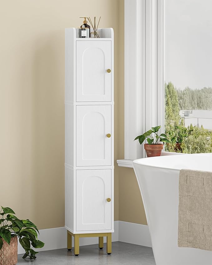 Hzuaneri Slim Bathroom Storage Cabinet, Narrow Bathroom Organizers and Storage with 4 Adjustable Feet, Laundry Room Organization for Small Space, Kitchen, Living Room, 3 Doors White BC22313G