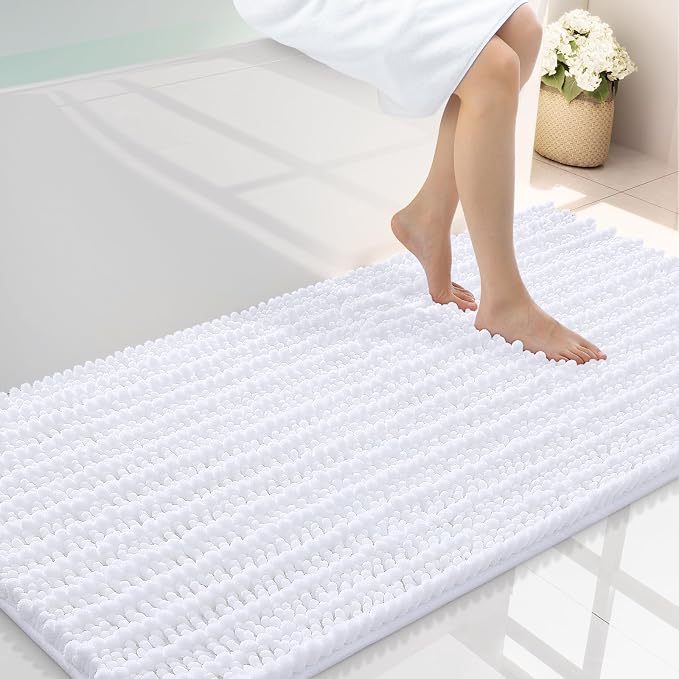Smiry Bathroom Rugs Mat 47x24, Extra Soft Absorbent Chenille Bath Rugs, Non Slip Rubber Backing Machine Washable Quick Dry Bath Mats for Bathroom Floor, Tub, Shower, Home Decor Accessories, White