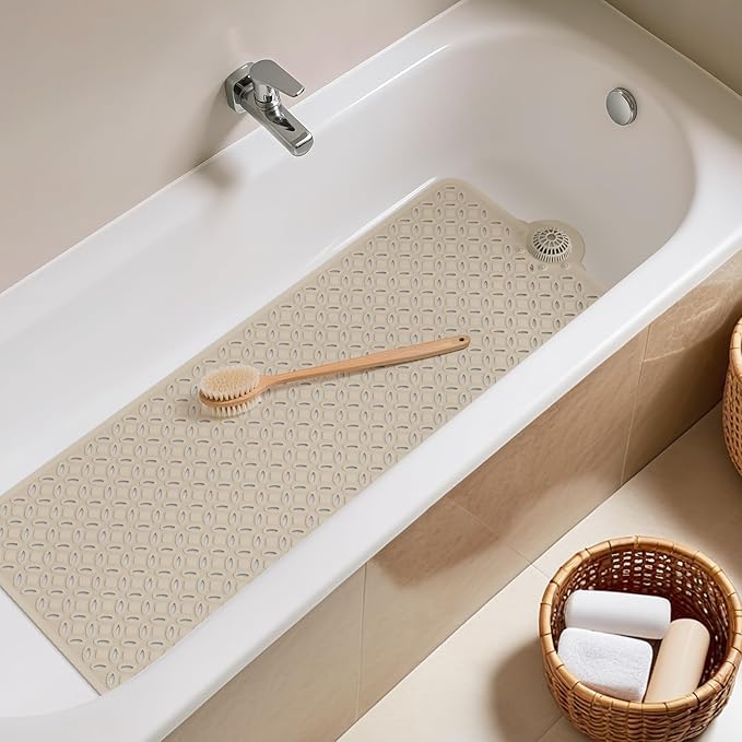 OTHWAY Bath Mat for Tub Non Slip: 39" X 17" Long Bathtub Mat with Hair Catcher│Big Drain Holes Shower Mats for Inside Shower│Machine Washable (Brown)