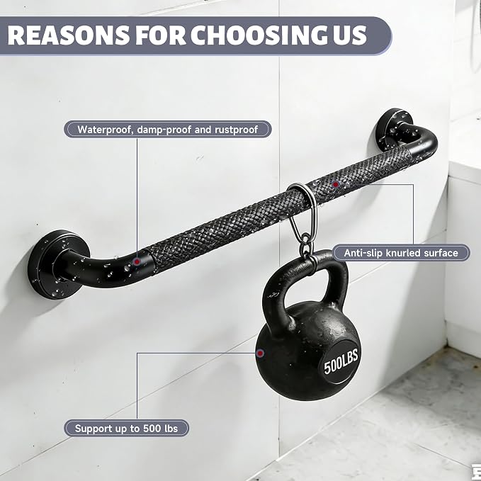 20 Inch Shower Grab Bar 1.25" Dia, 2 Pack Black Anti Slip Bathroom Grab Bar, 304 Stainless Steel Knurled Handicap Grab Bars, Safety Support Handrail,Bath Shower Handle for Elderly Injury Senior