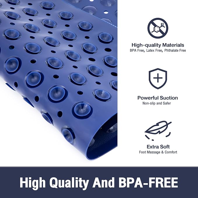 Square Shower Bathtub Mat Non Slip for Inside Shower Navy Blue 21x21 Inch, Shower Stall Mats for Bathroom Floor, Soft Bath Mat for Tub with Big Suction Cups Drain Holes, Easy Washable Dry