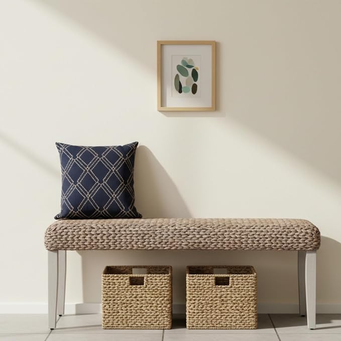 Solid Wood Acacia Indoor Bench with Natural Woven Water Hyacinth Seat, Wood Bench for Living Room or Entryway, Vintage Bench, Fishbone Style, Grey Leg