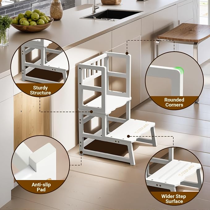 COSYLAND Toddler Step Stool with Removable Protective Side Guard – Stable Kid's Learning Stool for Bathroom Potty, Kitchen, Bedroom – Counter Helper with Armrest – White