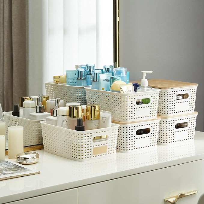 Bagnizer Small Plastic Storage Bins with Bamboo Lids 5.2qt Stackable Box Basket Pantry Decorative Containers Cute with Labels for Organizing Desktop Closet Office Cream White of 6 packs 10*7.2*4.1"