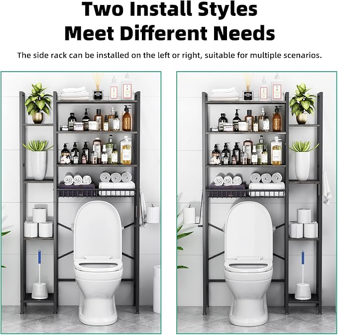 Kalrin 8-Tier Over The Toilet Storage with Side Rack, Over Toilet Storage Rack with Adjustable Shelf & Drain Basket, Freestanding Bathroom Organizer for Balcony, Laundry (Modern Grey)