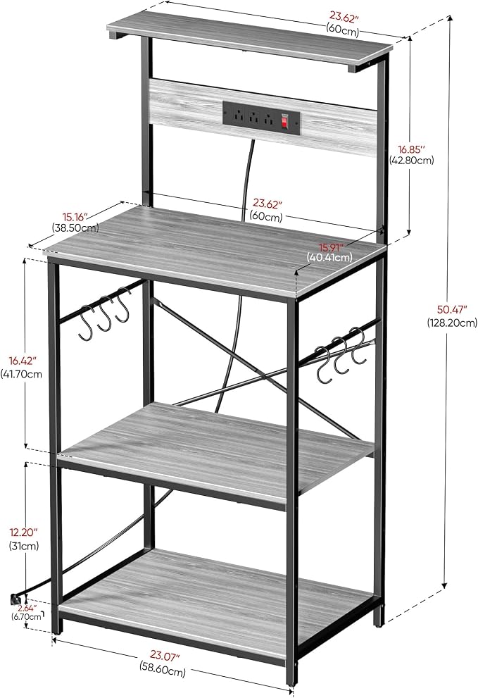 VUSIGN Kitchen Bakers Rack with Power Outlet, 4 Tiers Microwave Stand with Storage, 23.6 Inch Coffee Bar Station with 6 S Hooks, Adjustable Shelf Rack for Pots/Pans/Spices, Gray
