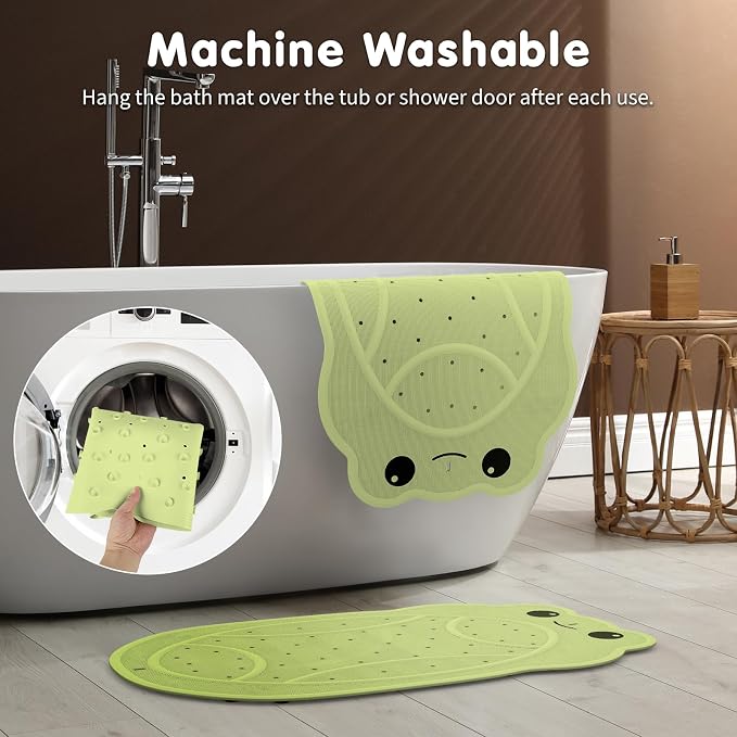 Upgraded Kids Bathtub Mat Non Slip, Low-Odor Natural Rubber Bath Mat with Strong 18mm Suction Cups, Flat Non-Slip Surface, 30"x18" Cute Frog Design, Shower Mat Fast Draining for Smooth Tubs, Green