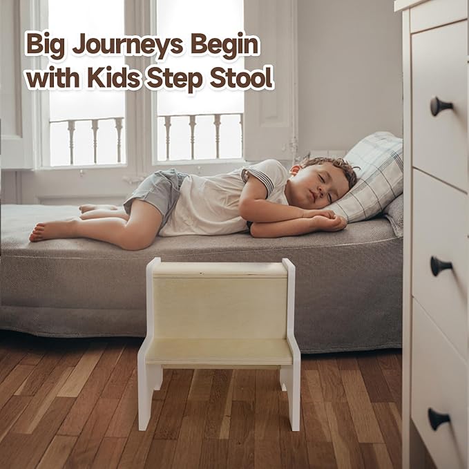 WOOD CITY Kids Step Stool for Toddler, Wooden White-Natural Patchwork Two Step Children's Stools with Handles, Bonus Non-Slip Pads for Safety, Bathroom Potty Stool & Kitchen Step Stools Dual Height