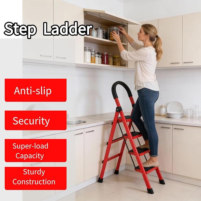 4 Step Folding Ladder, Portable and Compact, Anti-Slip Multi-Use Household Step Ladder for Home, Kitchen, Office, and Garage – Easy Storage, Sturdy and Durable