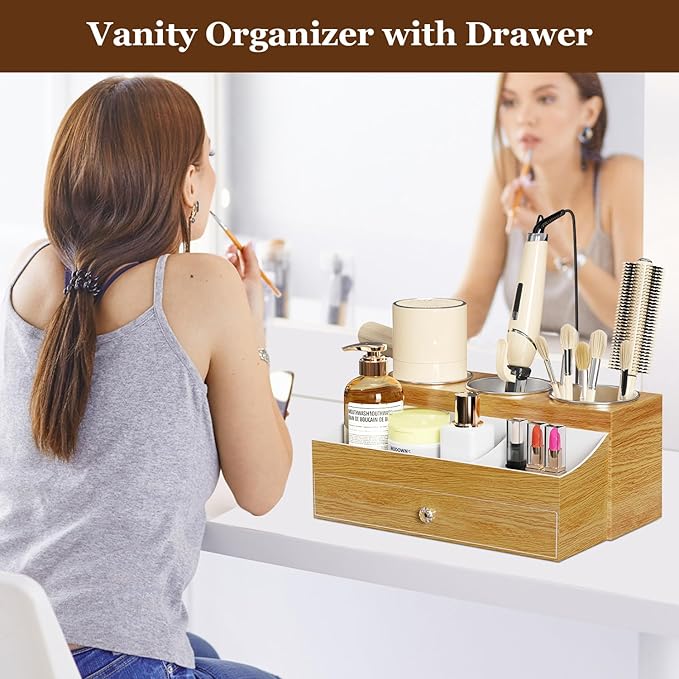 GFWARE Acrylic Hair Dryer Holder with Drawer, Bathroom Organizer Countertop Drawers with 3 Stainless Cups, Makeup Vanity Accessories, Hair Hot Tools Organizer, Toiletry, Wood