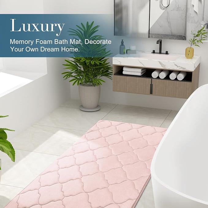 OLANLY Memory Foam Bath Mat Rug 47x24, Ultra Soft and Absorbent Bathroom Rugs, Non-Slip, Comfortable, Machine Washable Bath Carpet for Bathroom Floor, Tub, Shower and Home Decor Accessories, Pink