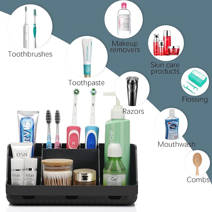 GFWARE Black Toothbrush Holder - 7 Slots Bathroom Organizer Countertop with Drainage Matte Black Electric Toothbrush and Toothpaste Holder for Bathroom Accessories Organization Vanity Sink Storage