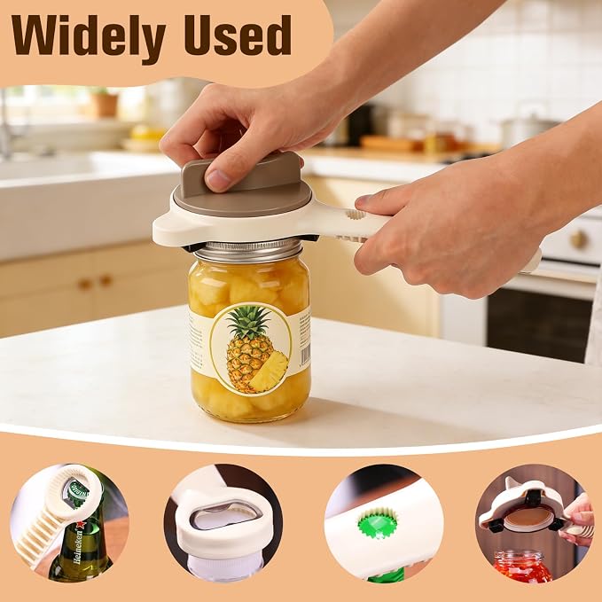 Multi-Functional 4-in-1 Jar & Bottle Opener, Adjustable Grip for Lids 1-3.5 Inches, Magnetic Stainless Steel Can Opener with Ergonomic Handle, Easy Open Kitchen Tool (1-Pack, Beige)
