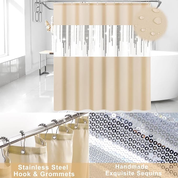 Beige Bathroom Accessories Set with Sequin Shower Curtain Beige Bathroom Decor with Trash Can,Toothbrush Holder, Toothbrush Cup,Soap Dispenser, Tray, Soap Dish,Toilet Brush