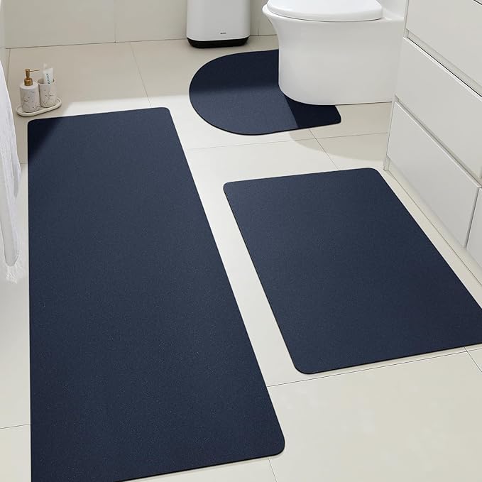 ACCUMTEK Non Slip Bath Mat, Thin Bathroom Rugs Fit Under Door, Quick Dry Bath Mats, Machine Washable Bath Rugs for Bathroom, Bathtub & Kitchen, Bathtub, Dark Blue/Solid/3 Piece