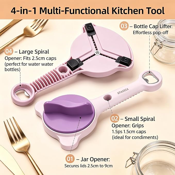 Jar Opener for Weak Hands,4 in 1 Multi-Purpose Jar Openers,Adjustable Jar Opener,Multi-Functional Bottle Openers with Non-Slip Grip for Wine Bottle,Perfect for Arthritis and Weak Hands (Purple)