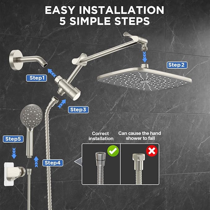 Veken 11.8" Brushed Nickel Rain Shower Head with Handheld, High Pressure Handheld Shower Heads with Multi Spray Modes,Rainfall Combo with 15" Metal Extension Arm,Detachable Dual Shower,Regaderas Para