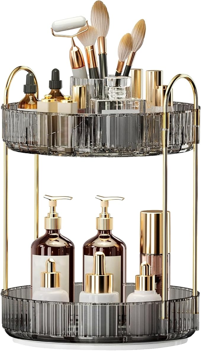 360° Rotating Makeup Organizer, Large-Capacity Skincare Make Up Storage 2 Tier Perfume Organizers Cosmetic Dresser Organizer with Makeup Brush Holder, Fits Bedroom, Bathroom, Vanity Shelf Countertop