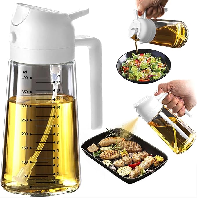 TrendPlain 16oz/470ml Glass Olive Oil Sprayer for Cooking – 2 in 1 Olive Oil Dispenser Bottle for Kitchen Gadgets and Air Fryer Accessories, Salad, BBQ - White