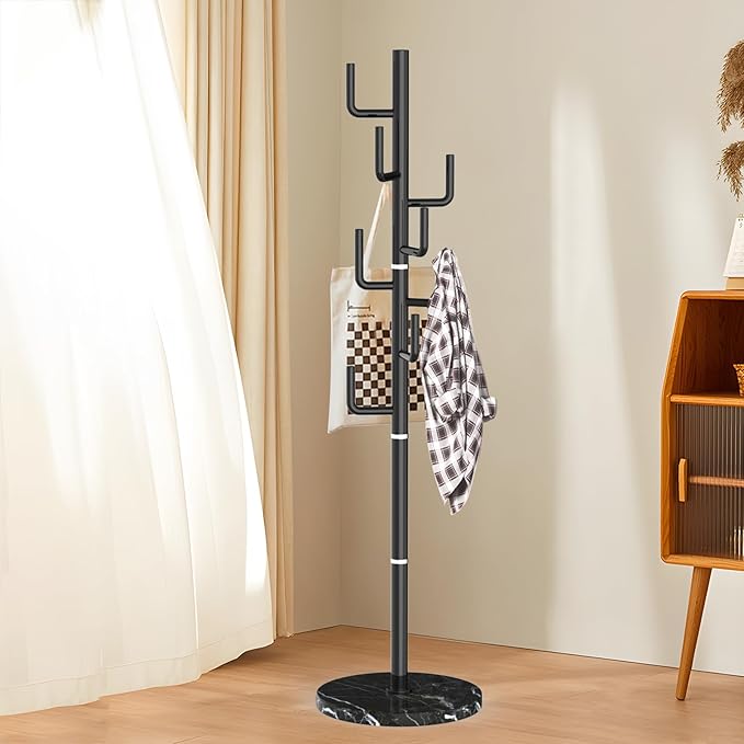 Modern Metal Coat Rack Stand with Natural Marble Base, Heavy Duty Coat Rack Freestanding with 8 Hooks, Black Cactus Standing Coat Racks for Bag, Jacket, Entryway Office (Black Cactus)
