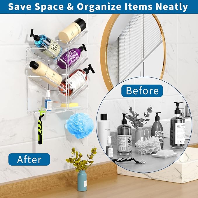 AITEE Acrylic Bathroom Organizer Shower Caddy, Clear Shampoo Holder Organizer Shelf Wall Mounted, Shower Shelves with Suction Cup, No Drilling and Rustproof, Sturdy and Durable