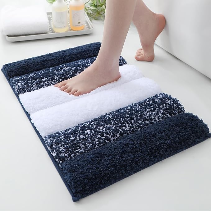 XIYUNTE Thick Bathroom Rug - 24x16 Extra Soft Blue and White Microfiber Bath Rugs, Quick Dry Super Absorbent Rubber Backing, Non Slip Washable Bath Mat for Floor Tub Shower