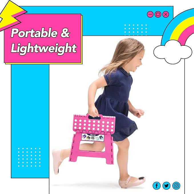 Delxo Folding Step Stool 9 inch Non-Slip Foldable Toddler Stools Up to 300 LBS Kids Step Stool with Handle Lightweight for Kitchen, Bathroom, Bedroom, Garden, Rose Pink, 1PC