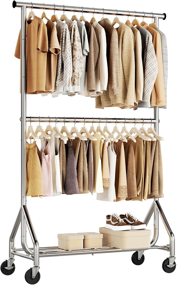 HYSEYY Heavy Duty Clothes Rack, Double Rod Clothing Rack for Hanging Clothes, Rolling Garment Rack, Adjustable Freestanding Wardrobe Closet Coat Rack for Bedroom Laundry Living Room, Silver