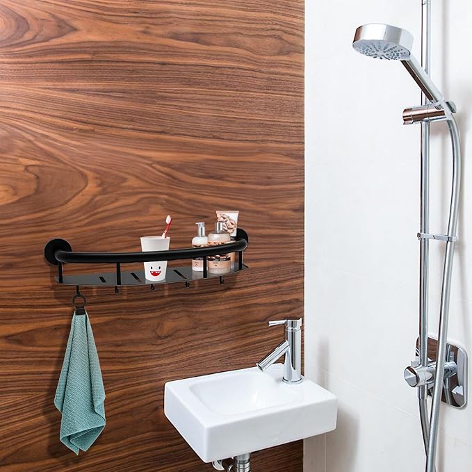 Black 18-inch Safety Grab Bar with Storage Shelf for Bathtub or Shower, Drainage Holes, Stainless Steel, Wall Mounted Grab Bars for Elderly Injured Balance Support