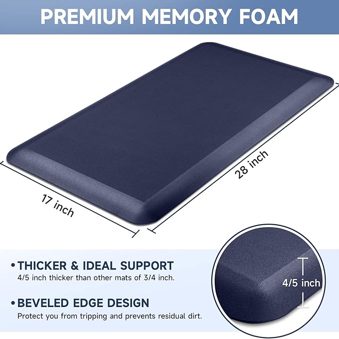 StepRite 4/5 Inch Thick Kitchen Mat Anti Fatigue Mat Kitchen Rugs Kitchen Decor Non-Slip, Stain & Water Resistant, Kitchen Mats Desk Mat for Kitchen, Office, Workshop, Blue, 17'' x 28''