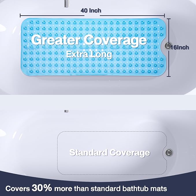 Extra Long Bathtub Mat Non Slip, Clear Blue Soft Bath Mat for Tub 40 x 16 Inch Full Size, Bath Tub Shower Mats for Bathroom Floor, Big Suction Cups and Drain Holes, Easy Washable, BPA Free